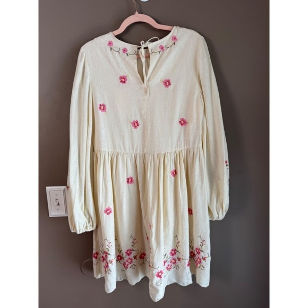 Caroline Constas Cream Floral Cross Stitch Embroidered Linen Mini Dress Medium - Picture 5 of 7